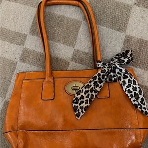 COACH Orange HORIZONTAL Handbag with Leopard Print Scarf